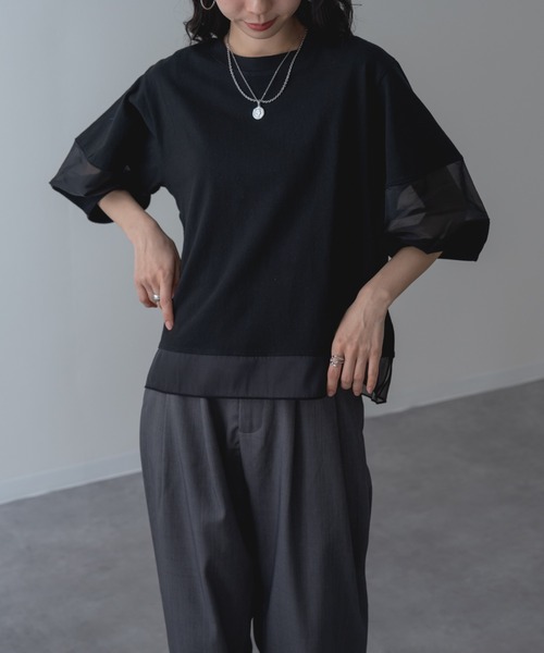 ANNA LUNA（アンナルナ）の「【ANNA LUNA】ラクなのにこなれ見えする 袖シアー プルオーバー！（Tシャツ/カットソー・レディース・ブラック/ブルー/オフホワイト/ホワイト×ブラック・MEDIUM）」の6枚目の写真