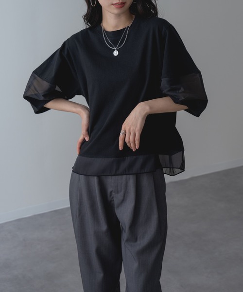 ANNA LUNA（アンナルナ）の「【ANNA LUNA】ラクなのにこなれ見えする 袖シアー プルオーバー！（Tシャツ/カットソー・レディース・ブラック/ブルー/オフホワイト/ホワイト×ブラック・MEDIUM）」の7枚目の写真