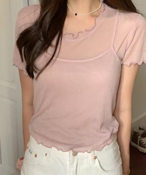 AMAJI(アマジ)の「Tシャツ + キャミソール セット(Tシャツ/カットソー・レディース・ライトピンク/ホワイト・FREE)」の2枚目の写真