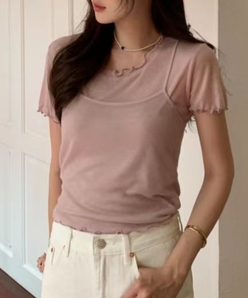 AMAJI(アマジ)の「Tシャツ + キャミソール セット(Tシャツ/カットソー・レディース・ライトピンク/ホワイト・FREE)」の3枚目の写真