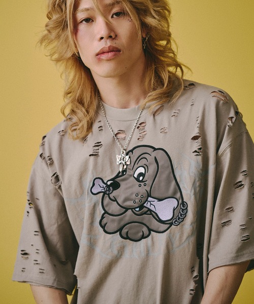 GALFY(ガルフィー)の「GALFY-闇に溶かされし犬ダメージTee(Tシャツ/カットソー・メンズ・ブルーグレー/サンドベージュ/ブラック・XL/L)」の3枚目の写真