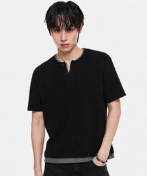 DNSR（ディーエヌエスアール）の「レイヤードヘンリーネックワッフルTシャツブラック/チャコール（Tシャツ/カットソー）」