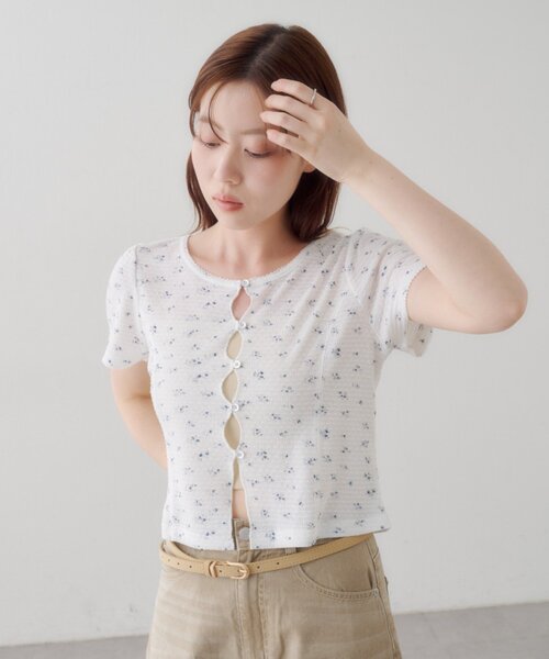 Kastane(カスタネ)の「【花柄&無地】ピコポコTEE(Tシャツ/カットソー・レディース・オフホワイト/ホワイト/ネイビー/サックスブルー/イエロー・FREE)」の2枚目の写真