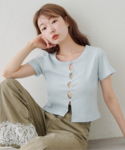 Kastane(カスタネ)の「【花柄&無地】ピコポコTEE(Tシャツ/カットソー・レディース・オフホワイト/ホワイト/ネイビー/サックスブルー/イエロー・FREE)」の4枚目の写真
