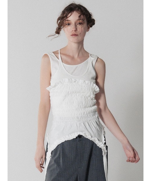 ELCHELE(エルチェレ)の「FRILL CUT CAMI(Tシャツ/カットソー・レディース・ブルー/オフホワイト/スミクロ・FREE)」の9枚目の写真