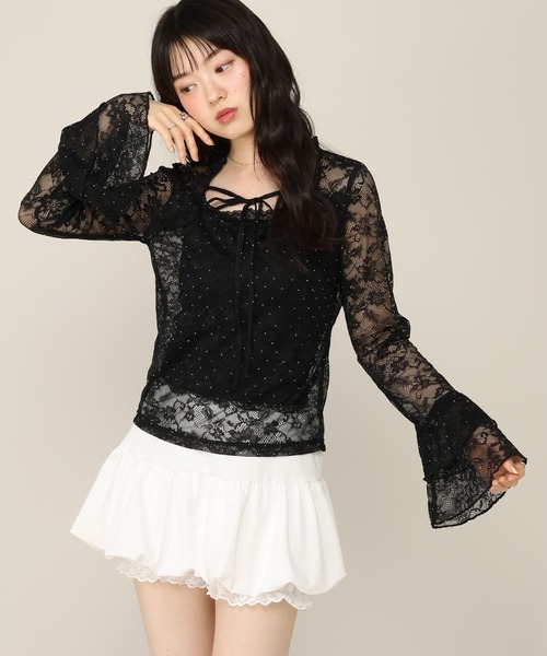 Heather(ヘザー)の「ビジューフリルレースカットソー 1052092(Tシャツ/カットソー・レディース・オフホワイト/ブラック・FREE)」の1枚目の写真