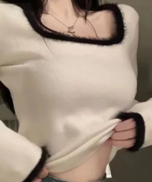 NANEA(ナネア)の「配色スクエアネックニットロンT(ニット/セーター・レディース・ホワイト/ブラック/ピンク・フリー)」の1枚目の写真