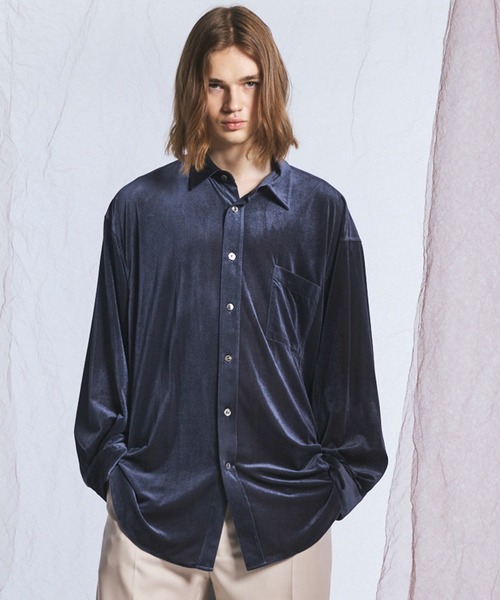 UNISEX》Glossy Velour Prime-Over Long Sleeve Shirt Coat/グロッシー