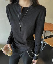 肘ステッチプリント ヘンリーネック ロンT　長袖　ヴィンテージ加工
