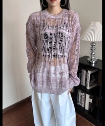 クラッシュ破れ編み透かしニット