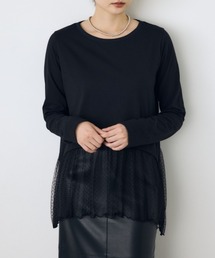 ヘムレースドッキング長袖トップス 秋服 冬服 ロンT レイヤード 異素材 体系カバー お尻が隠れる チュニック風