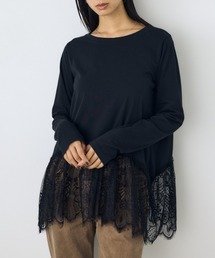 ヘムレースドッキング長袖トップス 秋服 冬服 ロンT レイヤード 異素材 体系カバー お尻が隠れる チュニック風