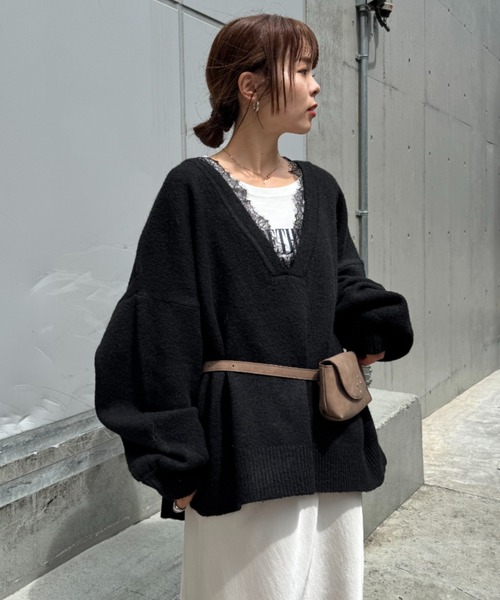 CIAOPANIC TYPY(チャオパニックティピー)の「∴深Vレースドッキングオーバーニット(ニット/セーター・レディース・グレー/レッド/ブラック/オフホワイト・ONE SIZE)」の7枚目の写真
