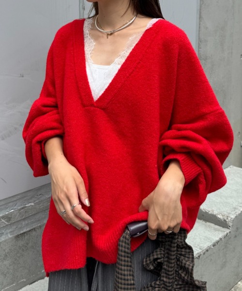 CIAOPANIC TYPY(チャオパニックティピー)の「∴深Vレースドッキングオーバーニット(ニット/セーター・レディース・グレー/レッド/ブラック/オフホワイト・ONE SIZE)」の10枚目の写真