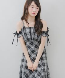 切替チェックロングワンピース