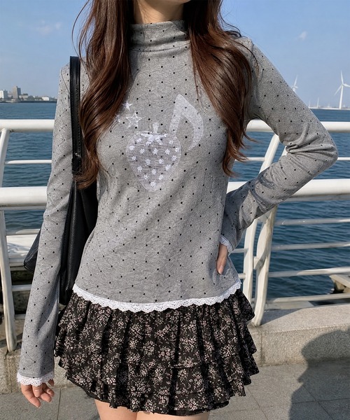 HOOK(フック)の「HOOK for girls ハートグラフィックドットハイネックロンT(Tシャツ/カットソー・レディース・ブルー/グレー・FREE)」の9枚目の写真