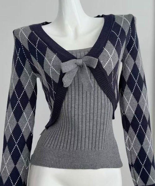 AsheKsha（アシクシャ）の「【セットアイテム】ダイヤ柄ショートカーディガン＋キャミソール 2 点セット V ネックリボン付き レディーストップス（ニット/セーター・レディース・ネイビー・M）」の20枚目の写真