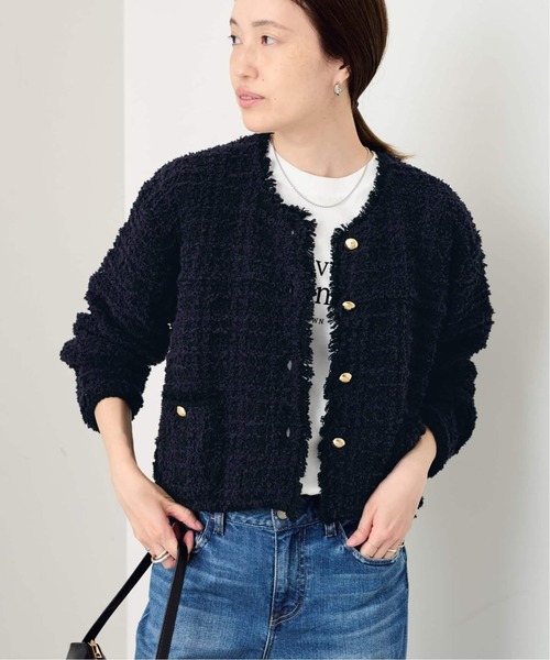 SLOBE IENA(スローブイエナ)の「《WEB限定/追加2》ツイードニットジャケット(カーディガン/ボレロ・レディース・ネイビー・FREE)」の4枚目の写真