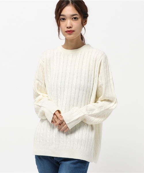 PUNYUS（プニュズ）の「ケーブルニット（ニット/セーター・レディース・ワイン/ベージュ/杢グレー/ダークグリーン/オフホワイト/マスタード・2/4/1/3）」の2枚目の写真