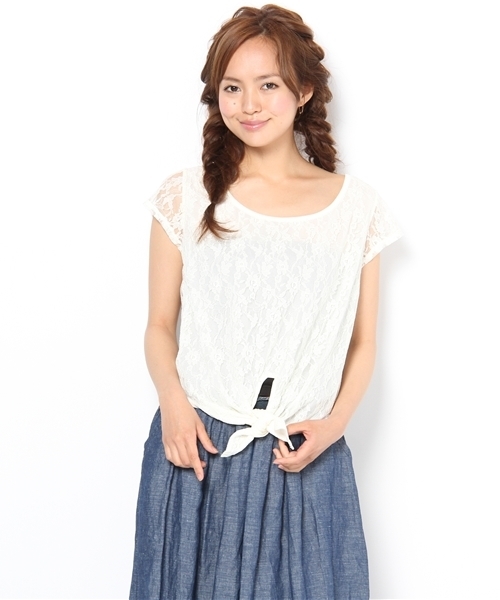 one after another NICE CLAUP(ワンアフターアナザーナイスクラップ)の「レース裾絞りブラウス(Tシャツ/カットソー・レディース・オフホワイト/ミント/ピンク系その他・FREE)」の2枚目の写真