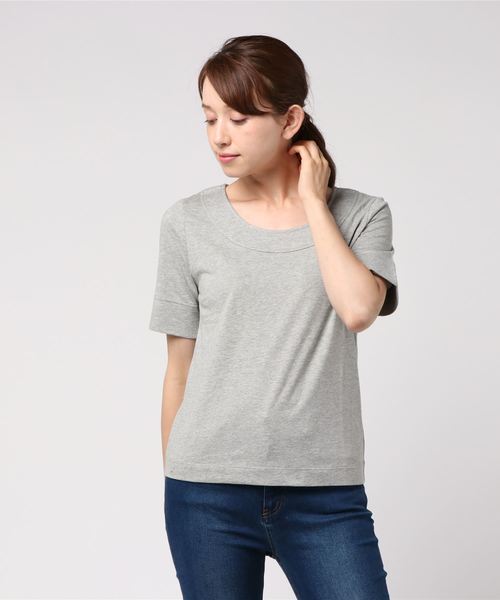 AMERICAN HOLIC(アメリカンホリック)の「・クルーネック切り替え半袖カットプルオーバー(Tシャツ/カットソー・レディース・ブラック/オフホワイト/杢グレー/キャメル・M/L)」の3枚目の写真