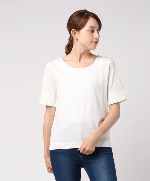 AMERICAN HOLIC(アメリカンホリック)の「・クルーネック切り替え半袖カットプルオーバー(Tシャツ/カットソー・レディース・ブラック/オフホワイト/杢グレー/キャメル・M/L)」の1枚目の写真