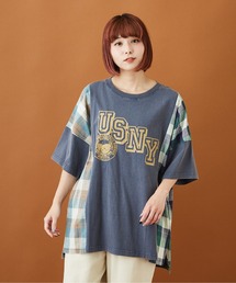CUBE SUGAR（キューブシュガー）の「OE天竺 × チェックパウダー加工 切替 チュニック（Tシャツ/カットソー）」