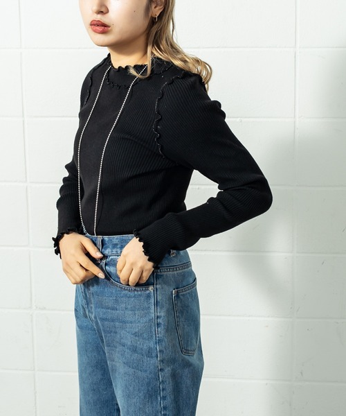 mystic（ミスティック）の「シャイニーパイピングリブニット（ニット/セーター・レディース・ブラック/ベージュ/オフホワイト/ピンク/ブルー・FREE）」の6枚目の写真