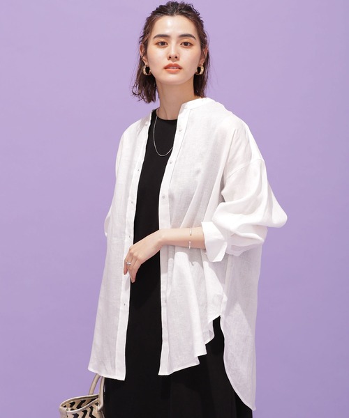 NANO universe(ナノユニバース)の「ヨーロピアンフラックス(R) リネンオーバーシャツ 長袖(シャツ/ブラウス・レディース・ホワイト/その他1/ライトイエロー/ライラック・38/36)」の2枚目の写真