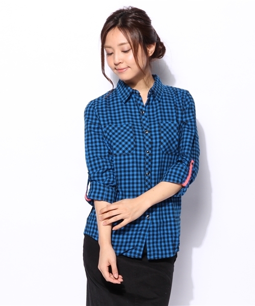 GIORDANO（ジョルダーノ）の「[GIORDANO]ギンガムチェックフランネルシャツ（シャツ/ブラウス・レディース・ホワイト/グリーン/ブルー/レッド/ブルー系その他/ブラック系その他・LARGE/MEDIUM）」の5枚目の写真