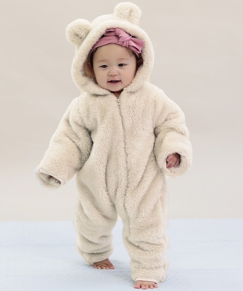 devirock(デビロック)の「くまみみボアカバーオール(カバーオール・キッズ・ベージュ/オフホワイト・70-80cm)」の2枚目の写真