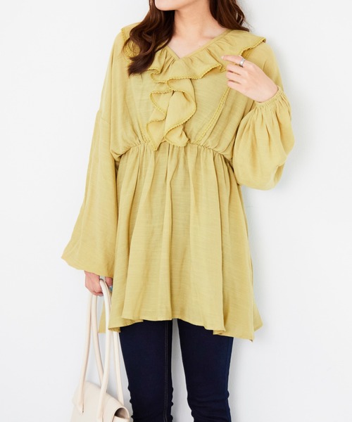 Heather(ヘザー)の「Vネックフロントフリルブラウス 217852(シャツ/ブラウス・レディース・ホワイト/イエロー系/ブラック・FREE)」の1枚目の写真