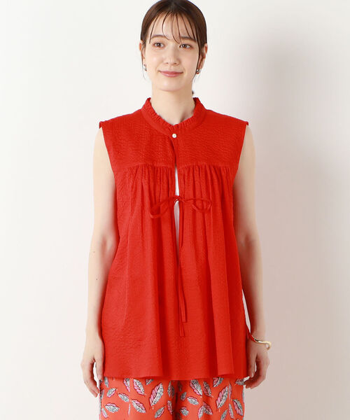 Rie Miller（リエミラー）の「ミラクルウェーブスタンドフリル2WAYブラウス（シャツ/ブラウス・レディース・レッド/オフホワイト/グリーン・38）」の7枚目の写真