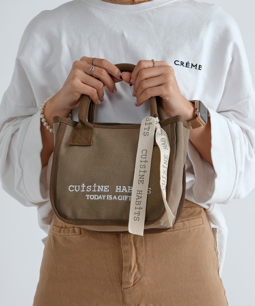 CUISINE HABITS（クイジーヌハビッツ）の「スクエア ミニトート  SQUARE MINI TOTE（トートバッグ・レディース・グレー/オフホワイト/ブラック/カーキ/ベージュ/ドット/チャコールグレー/ホワイト×ホワイト/ブラック×ブラック/キャメル・フリー）」の12枚目の写真