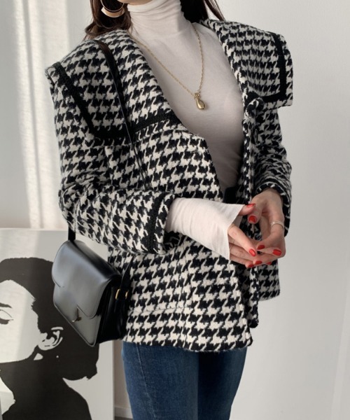 Jasmine Grandiflorum(ジャスミングランディフローラム)の「【Jasmine】フレンチガーリー☆千鳥柄ショートコート(ピーコート・レディース・ブラック/ブラウン・MEDIUM/LARGE)」の9枚目の写真