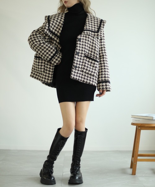 Jasmine Grandiflorum(ジャスミングランディフローラム)の「【Jasmine】フレンチガーリー☆千鳥柄ショートコート(ピーコート・レディース・ブラック/ブラウン・MEDIUM/LARGE)」の14枚目の写真