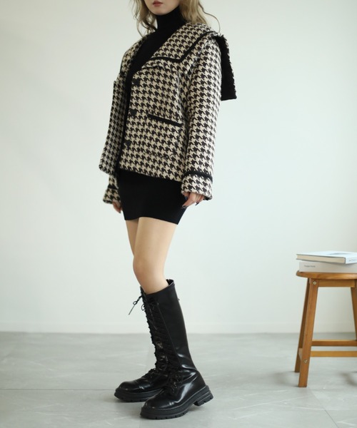Jasmine】フレンチガーリー☆千鳥柄ショートコート（ピーコート