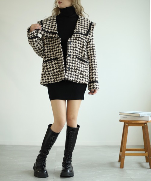 Jasmine Grandiflorum(ジャスミングランディフローラム)の「【Jasmine】フレンチガーリー☆千鳥柄ショートコート(ピーコート・レディース・ブラック/ブラウン・MEDIUM/LARGE)」の17枚目の写真
