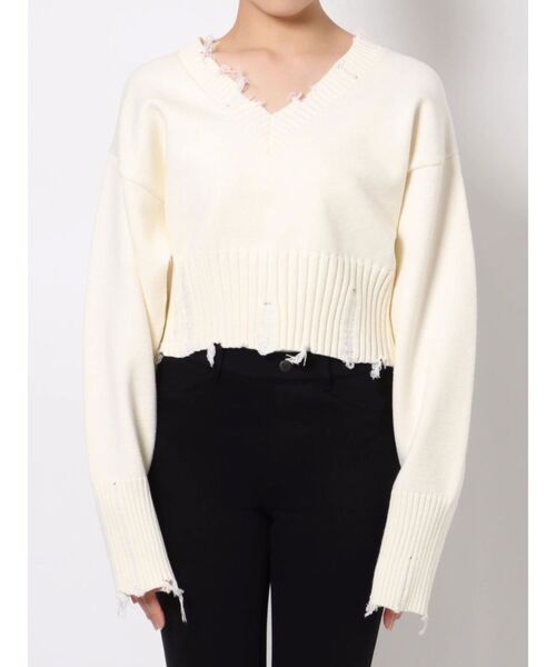 EMODA（エモダ）の「ヘムクラッシュVネックニット（ニット/セーター・レディース・ホワイト/ブラック/ブルー/グリーン・FREE）」の2枚目の写真