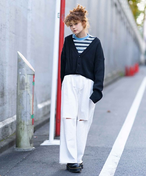 X-girl（エックスガール）の「CONTRAST KNIT CARDIGAN（カーディガン