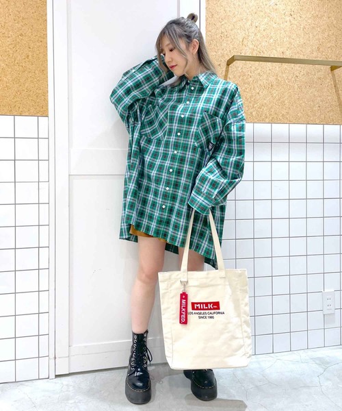 MILKFED.（ミルクフェド）の「EMBROIDERED LOGO PLAID SHIRT（シャツ/ブラウス・レディース・ピンク/グリーン/ライトグリーン・ONE SIZE）」の6枚目の写真