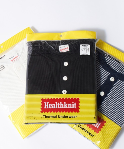Healthknit（ヘルスニット）の「【Healthknit】ヘンリーネックワッフル半袖パックTEEシャツ サーマル半袖パックTシャツ 601S（Tシャツ/カットソー・メンズ・ホワイト/ブラック/ネイビー/レッド/ブルー/ブラック系その他2/グリーン/ブラウン/イエロー/ピンク/ロイヤルブルー・M/L/XL）」の3枚目の写真