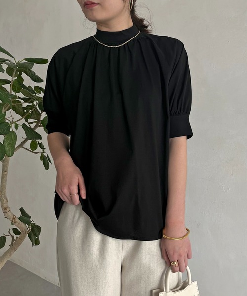 prose verse（プロズヴェール）の「シルケットギャザーハイネックカットソー（Tシャツ/カットソー・レディース・ブラック/オフホワイト・FREE）」の3枚目の写真