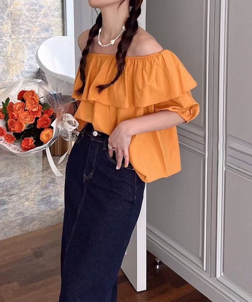 me+em select（ミームセレクト）の「【 ２ｗａｙ ／ ５色展開 】オフショルダーカラーフリルブラウス（シャツ/ブラウス・レディース・ホワイト/ピンク/イエロー/オレンジ/ブルー・FREE）」の15枚目の写真