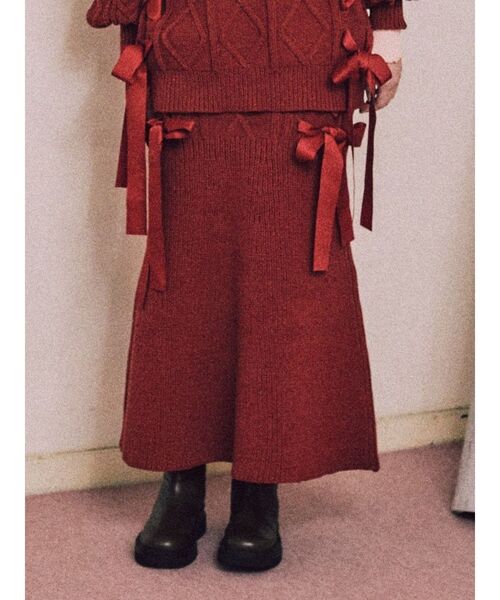 merry jenny（メリージェニー）の「ribbon ribbon knit skirt（スカート・レディース・ブラック/アイボリー/レッド・FREE）」の3枚目の写真