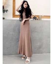 【GYDA】バックオープンワンピ バックオープンジップスリットリブニットロングワンピース