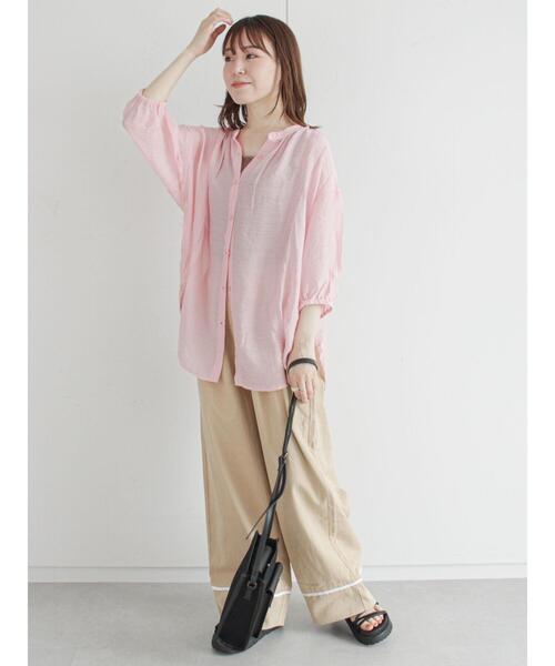 ehka sopo（エヘカソポ）の「シアーギャザーチュニックシャツ（シャツ/ブラウス・レディース・オフホワイト/ピンク/グリーン・ﾌﾘ-）」の5枚目の写真