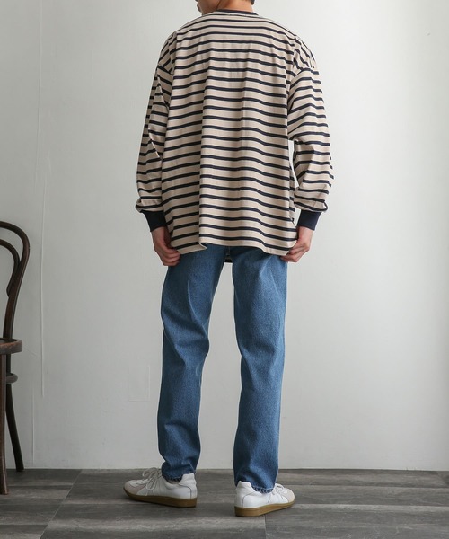 SENSE OF PLACE by URBAN RESEARCH（センスオブプレイスバイアーバンリサーチ）の「ボーダーエクストラルーズロングTシャツ（Tシャツ/カットソー・メンズ・ブラック/ベージュ/アイボリー・MEDIUM/LARGE）」の4枚目の写真