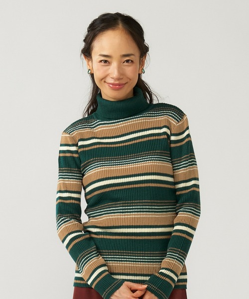 TOKYO SHIRTS(トウキョウシャツ)の「リブタートル ボーダーニットプルオーバー(ニット/セーター・レディース・グリーン/ボルドー・M/L)」の2枚目の写真