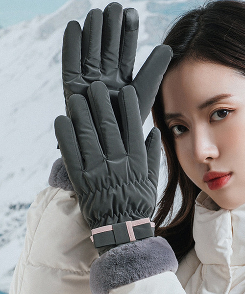 セール】【スマホ対応】レディース 裏起毛パイピングリボンファー手袋